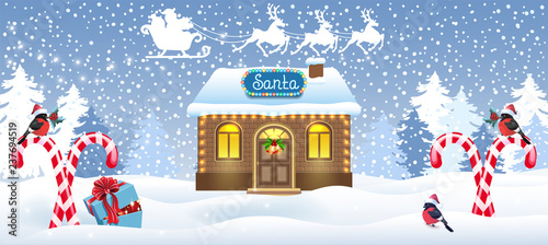 Christmas card with Santa house workshop, candy cane and gift box against winter forest background and Santa Claus in sleigh with reindeer team