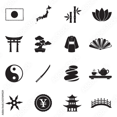 Japanese Culture Icons. Black Flat Design. Vector Illustration.