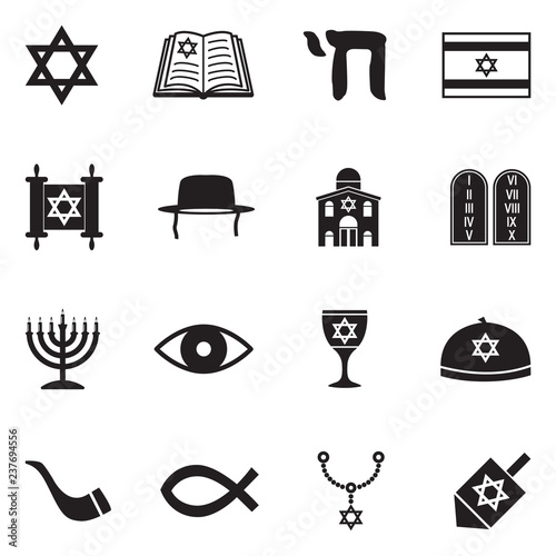 Judaism Icons. Black Flat Design. Vector Illustration. 