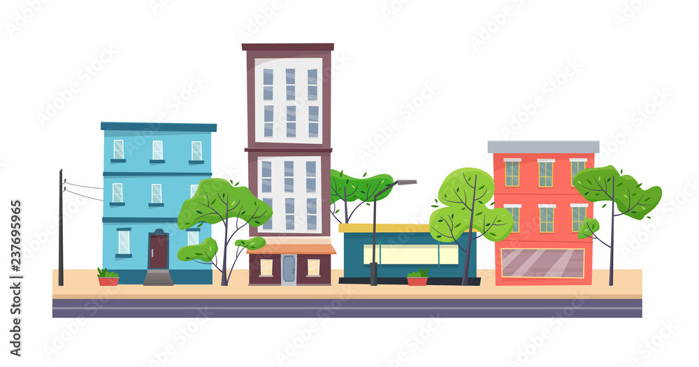 Houses on street with road in city. Cityscape. Houses on street with road in city. Cityscape.