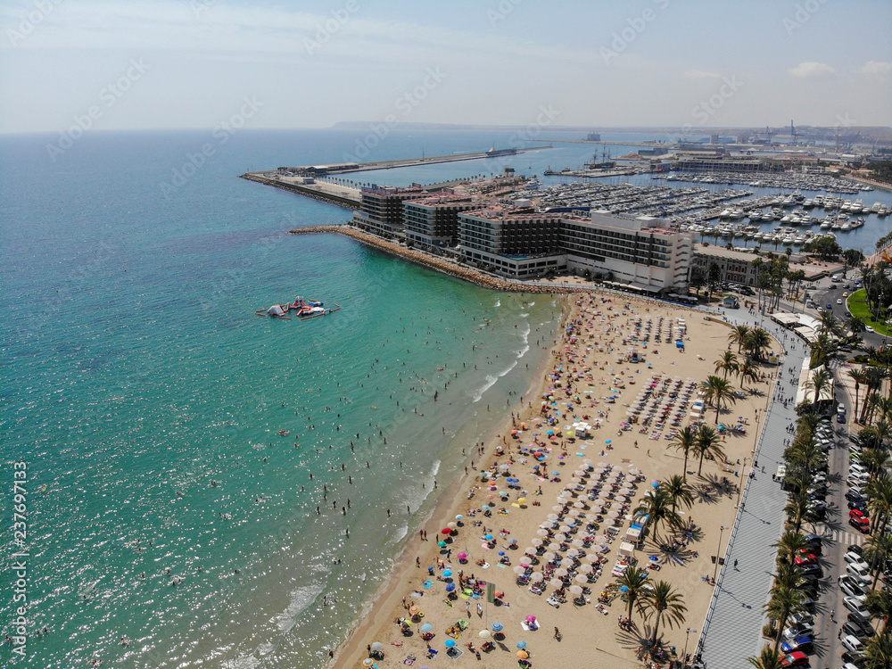 Aerial photo of the beautiful beach and coastal area of Alicante in Spain.