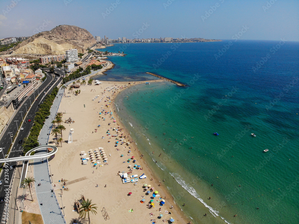 Aerial photo of the beautiful beach and coastal area of Alicante in Spain.