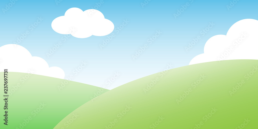 Vector illustration of beautiful summer or spring landscape, field view with hills, blue sky