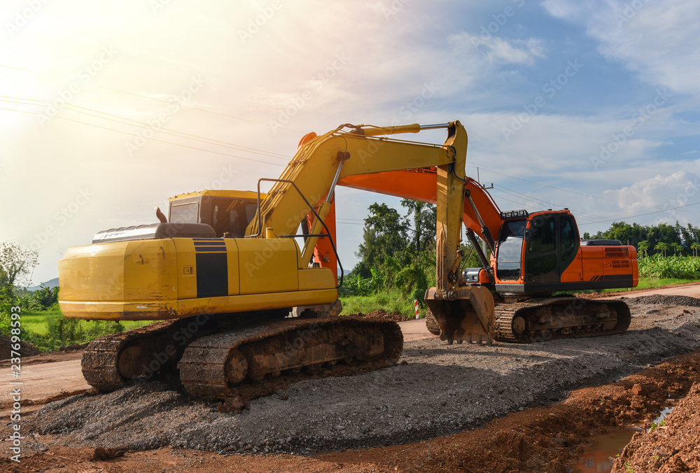 road construction with backhoe loader / yellow tractor loader backhoe road construction with backhoe loader / yellow tractor loader backhoe