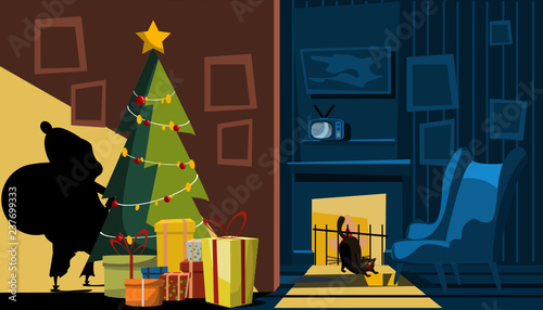 santa Claus shadow in living room vector illustration