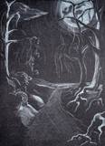 The road to the lake through the forest at night with the moon. Drawing white pencil on black paper.
