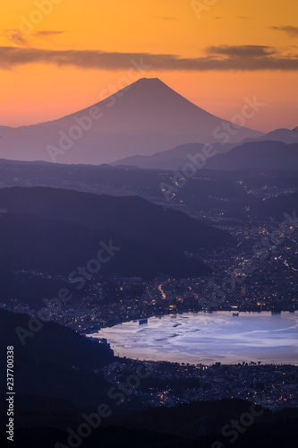 Aerial Mount Fuji with Suwako Lake sunrise Takabochi