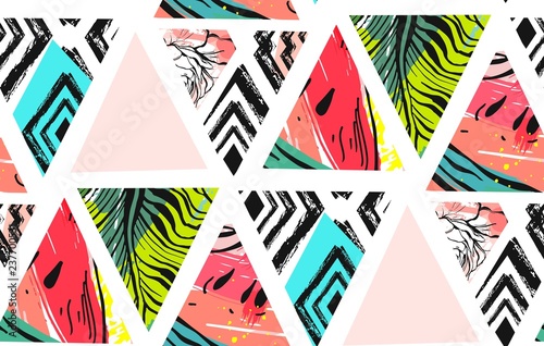Hand drawn vector abstract unusual summer time decoration collage seamless pattern with watermelon,aztec and tropical palm leaves motif isolated on white background