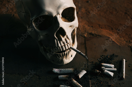 Smoking kills concept, portrait of a smoking skull photo