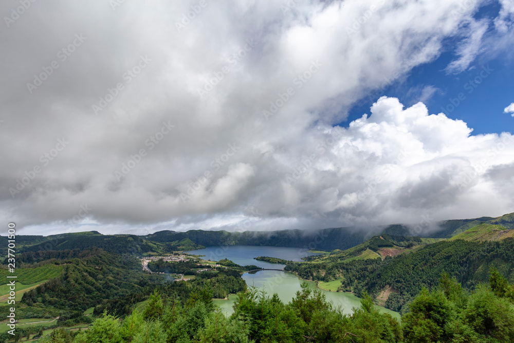 Beautiful morning view of Sete Cidades and Lagoa Azul and Verdge on the island of Sao Miguel in the Azores.