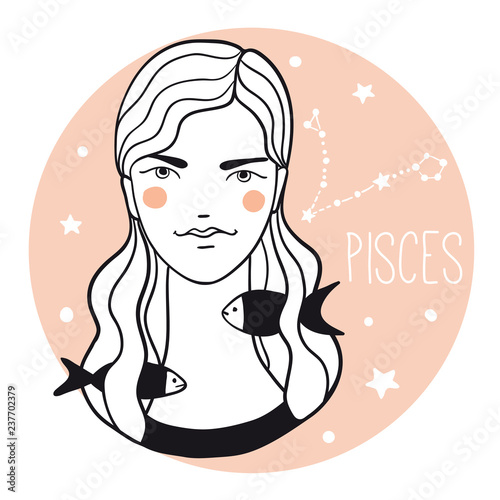 Pisces girl. Sketch style woman with zodiac sign