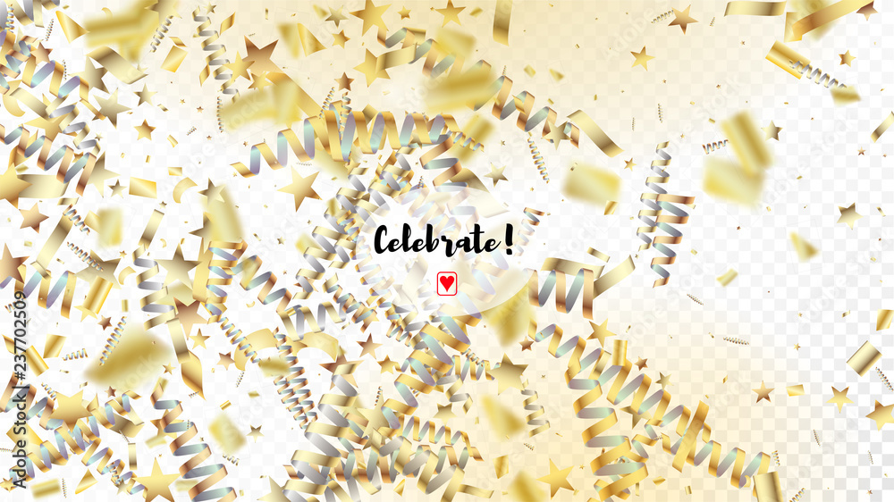 Obraz premium Modern Realistic Gold Tinsel Confetti, Flying Foil Blast. Cool Rich VIP Christmas, New Year, Birthday Party Holiday Frame. Horizontal Mystical Night Sky Background. Realistic Gold Tinsel Confetti