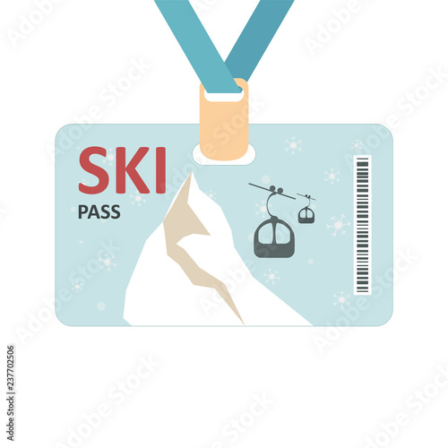 Ski pass icon. Winter sport concept, mountains and ski lift. Ski pass template with barcode. Vector illustration.