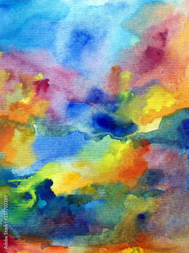 Watercolor abstract bright colorful textural background handmade . Painting of sky and clouds during sunset . Modern cosmic pattern . Shine © olha