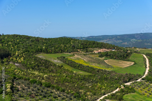 Amazing aerial view of Tuscany from Fortress of Tentennano. Beautiful panorama landscape near Castiglione d Orcia Tuscany  Italy