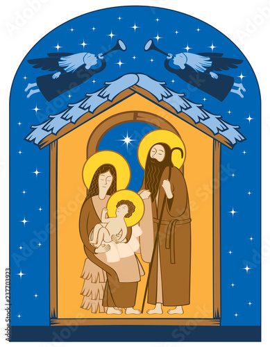 Vector illustration on the theme of Christmas and New Year in flat style. Holy Family and Christmas angels. Christmas Nativity scene