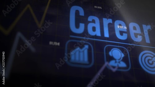 Career business concept on a flashing computer monitor with moving graphs and data.
