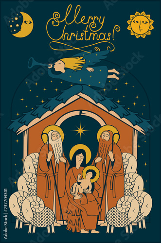 Vector illustration on the theme of Christmas and New Year in flat style. Holy Family and Christmas angel. Christmas Nativity scene. Adoration of the Magi