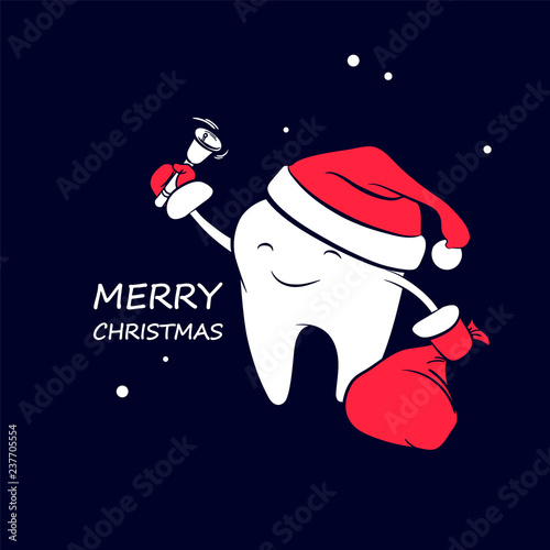 Cute funny cartoon tooth in a Santa hat in red mittens with a bag of gifts and a bell. Vector concept of New Year and Christmas greeting for the dental clinic. Winter holidays in dentistry.