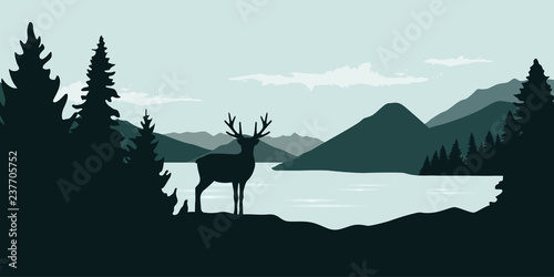 elk by the river green forest wildlife nature landscape vector illustration EPS10