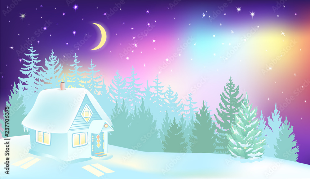 Naklejka premium Northern Lights over winter forest and house.