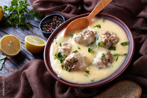 close-up of hearty Greek Meatball Soup photo