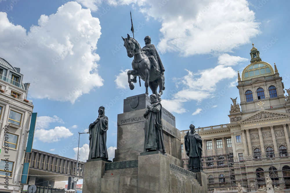 Monument of Saint Wenceslas in Prague with the National Museum