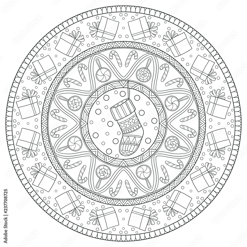New year and Christmas theme. Black and white graphic doodle hand drawn sketch mandala for adult, kids coloring book. Gifts, socks, garlands, ethnic patterns.