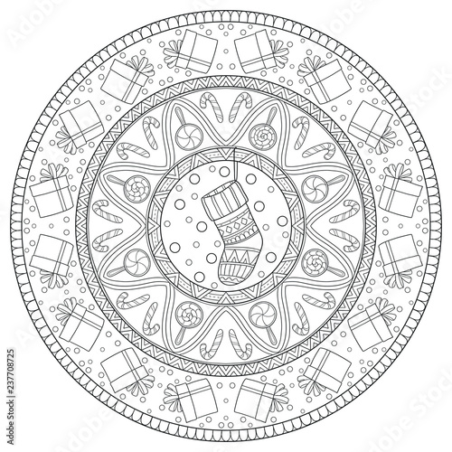 New year and Christmas theme. Black and white graphic doodle hand drawn sketch mandala for adult, kids coloring book. Gifts, socks, garlands, ethnic patterns.