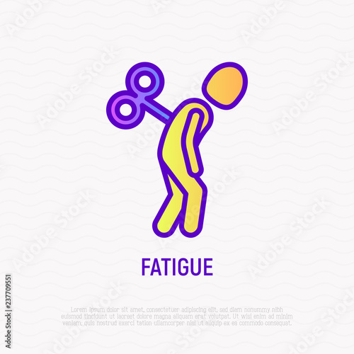 Fatigue thin line icon: tired man with clockwork key in his back. Modern vector illustration of depression, neurosis, chronic tiredness.