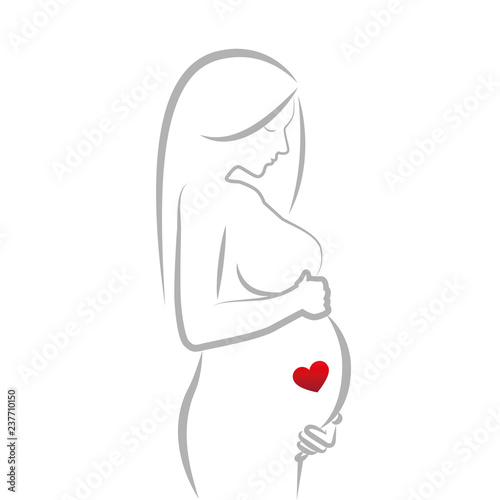 pregnant woman with red heart in her belly line drawing vector illustration EPS10