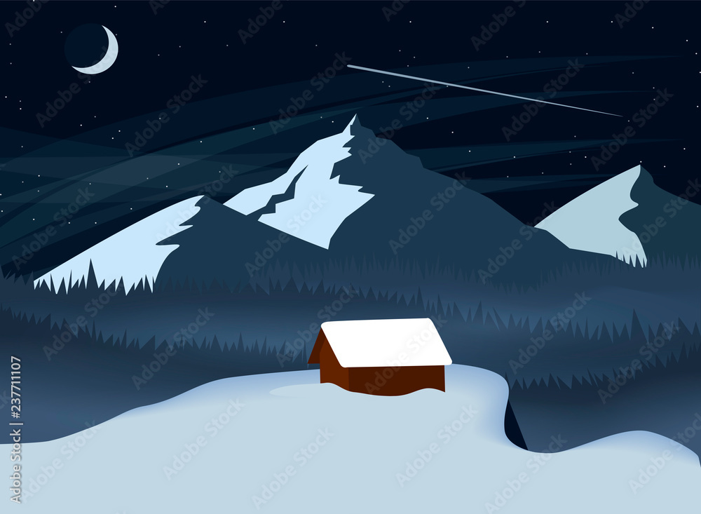 Flat vector night landscape wallpaper with mountain and cabin