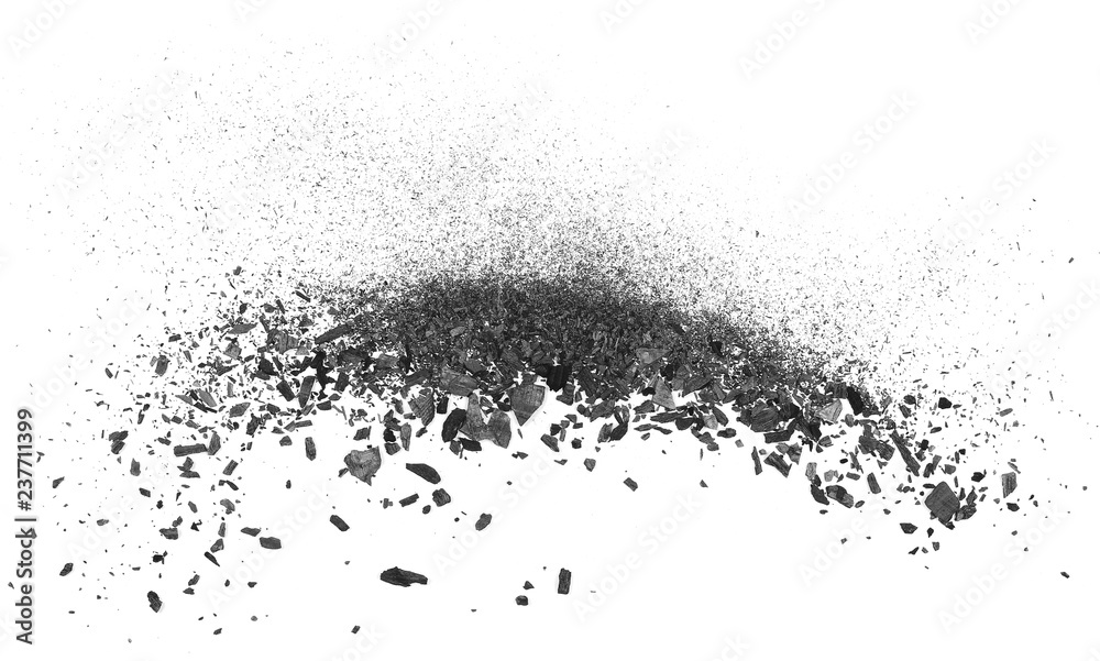 Black charcoal dust, gunpowder explosion isolated on white background and texture, top view