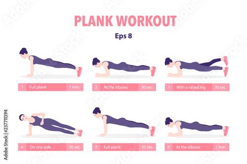 Set of young woman planking in various poses: elbow plank, side plank, with a raised leg, full plank. Vector illustration in a flat style