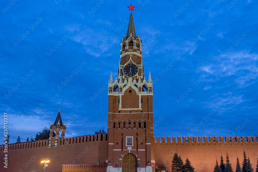 Spasskaya Tower at Red square in Moscow. Evening view.