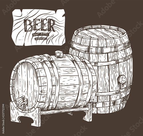 Beer Kegs Isolated on Black Backdrop Graphic Art