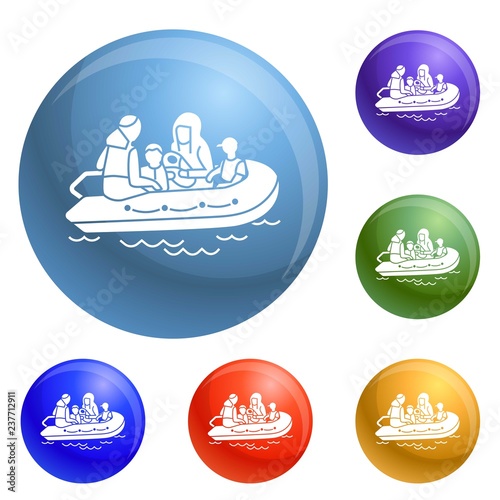 Migrant family boat icons set vector 6 color isolated on white background