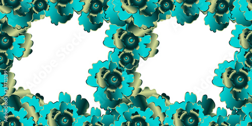 Vector seamless pattern frame hand drawn gradient gilded turquoise flowers on white background for card, cover page, web, typographic print, banner, menu, poster, carte, affiche, handbill, sticer.