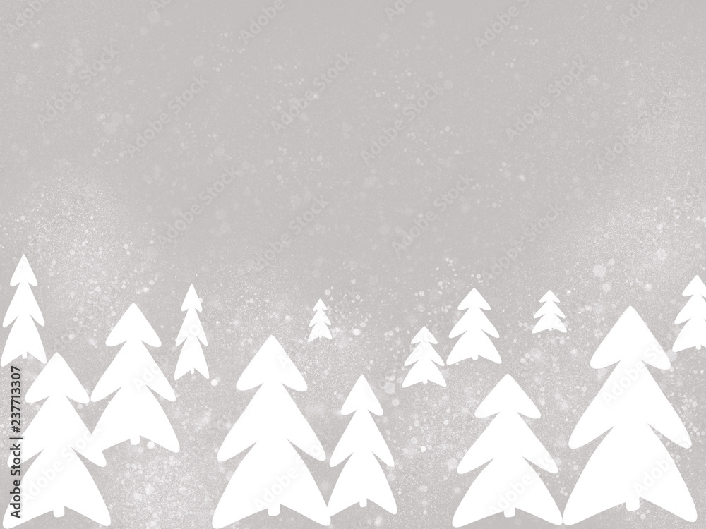 Stylish simple white christmas trees and snow on grey background. Hand drawn illustration. Modern greeting card with space fo text. Happy holidays. White pines on gray background
