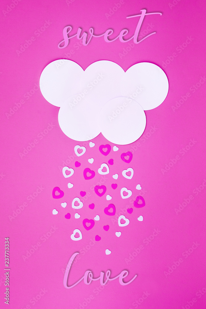 White cloud on pink background with pink and white hearts falling down like snow or rain. Trendy simple paper cut Valentine's day, wedding, charity concept for invitations, greeting cards, posters