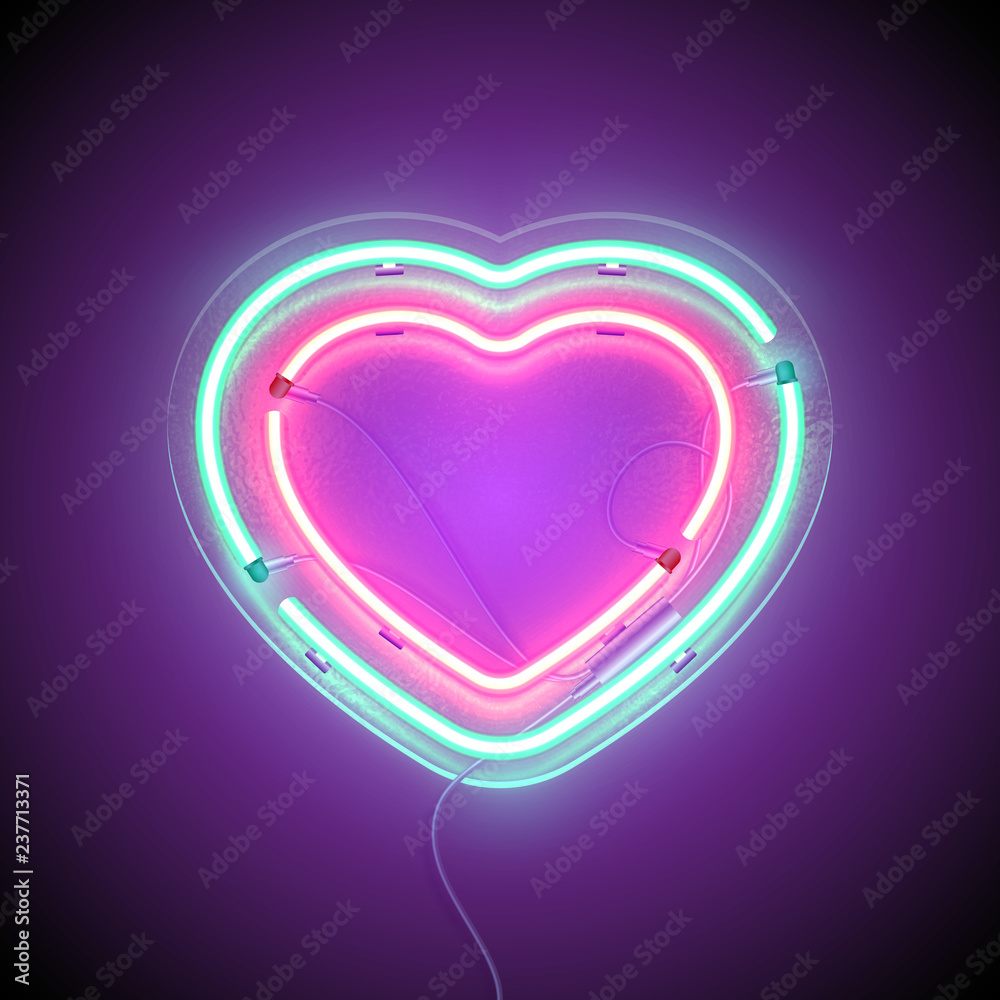 Bright Heart. Retro Neon Heart Sign On Purple Background With Word Love And  Blue Heart. Design Element For Happy Valentine's Day. Ready For Your  Design, Greeting Card, Banner. Vector Illustration. Royalty Free