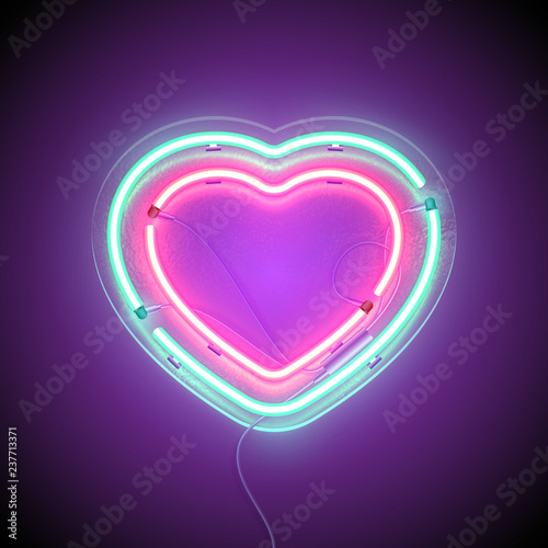 Bright heart. Neon sign. Retro neon heart signboard on purple background. Design element for Happy Valentine's Day. Ready for your design, greeting card. Vector illustration.
