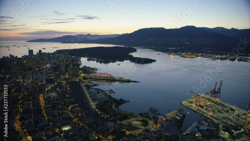 Aerial dusk view Vancouver Harbour British Columbia Canada photo