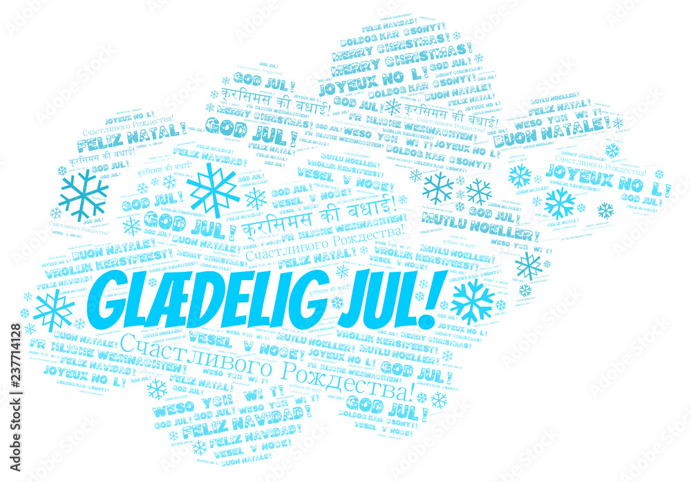 Glædelig jul word cloud - Merry Christmas on Danish language and other different languages.