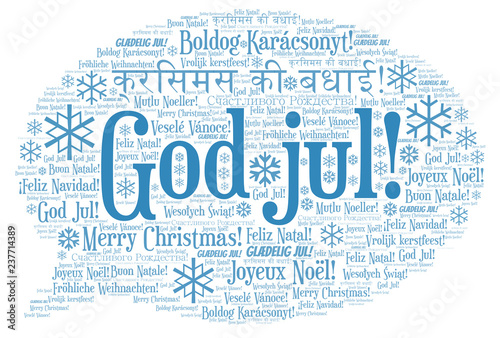 God jul word cloud - Merry Christmas on Norwegian language and other different languages. photo