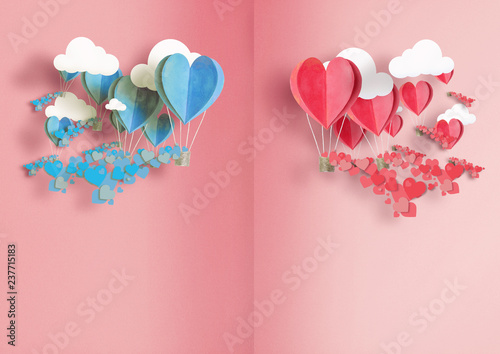 illustration to the day of all lovers. balloons of blue and pink are scattered around themselves small hearts.