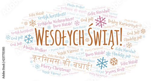 Wesołych Świąt word cloud - Merry Christmas on Polish language and other different languages. photo