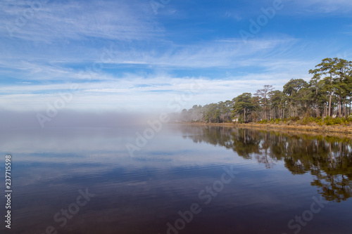 Fog rolling in over a the water with the woods and trees in the background