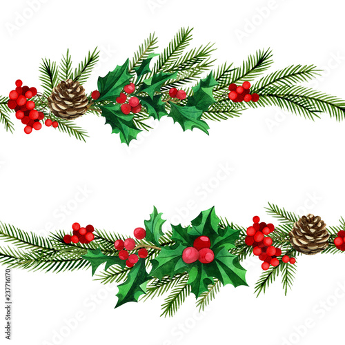 Watercolor Christmas framework wreath with fir branches and place for text. Perfect for Christmas invitations, greeting cards, blogs, posters and holiday clip art isolated on white background.