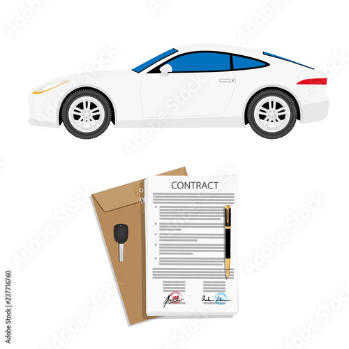 Rental agreement for a car with contract, pen and keys